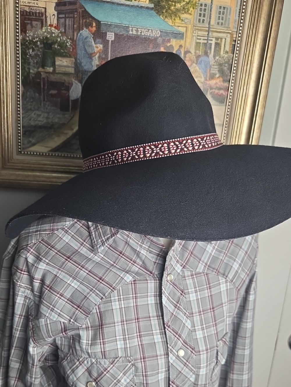 American Eagle Black Wide-Brim Hobo, Cowboy Hat with Patterned Band 100% Wool